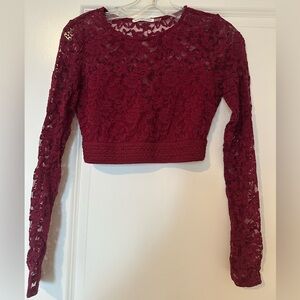 Wine Red Lace Long Sleeve Crop Top